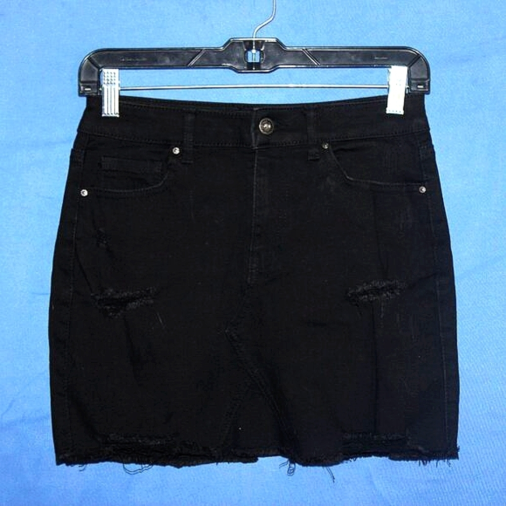 Wax Jean Distressed Denim Mini Skirt Black Small